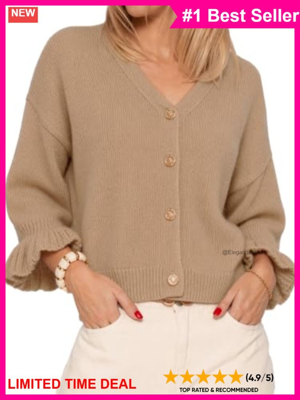 3/4 Puff Sleeve Open Front Cropped Cardigan Knit Sweater